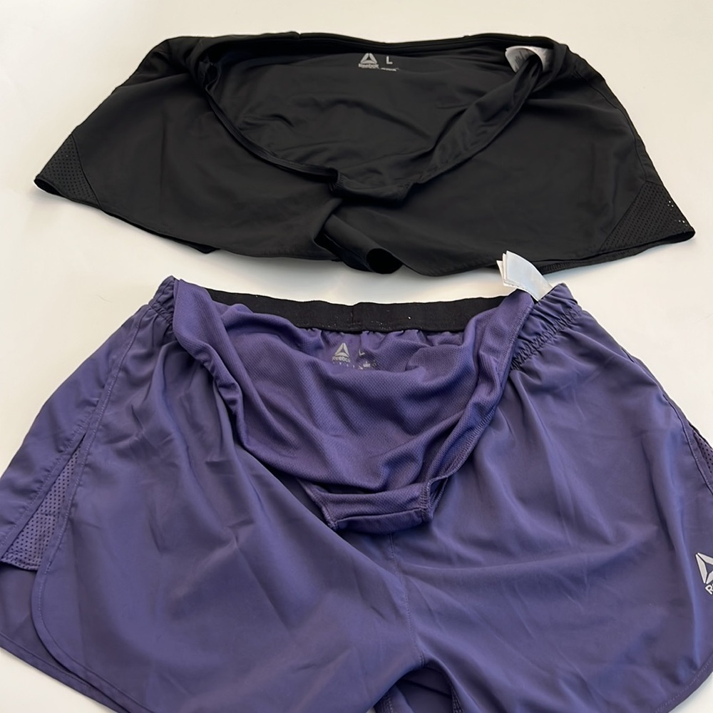 2 pair Reebok speedwick running shorts 1 black 1 purple w/ built in panty size L - Picture 3 of 16